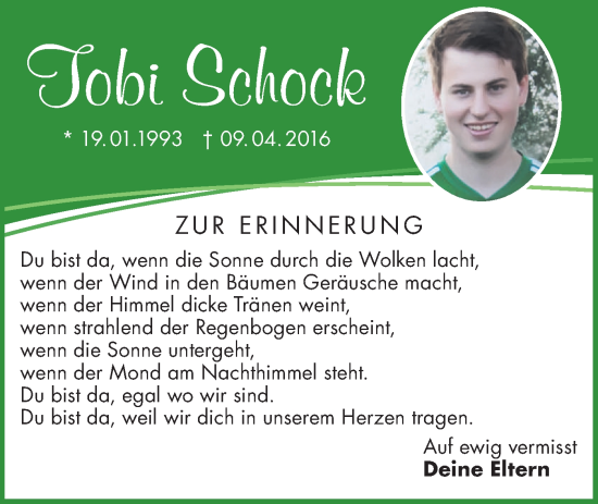 Traueranzeige von Tobi Schock von Rundschau Gaildorf