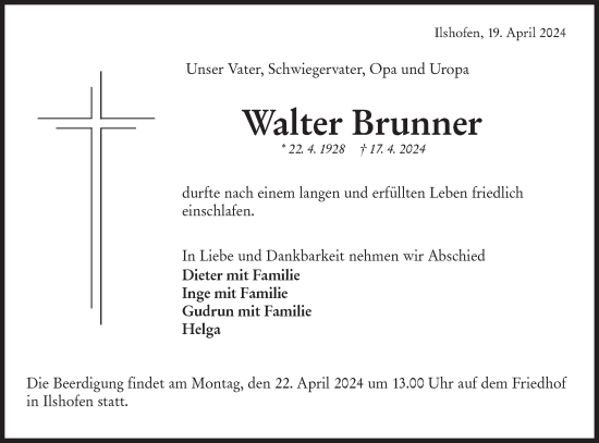 Traueranzeige von Walter Brunner von Haller Tagblatt