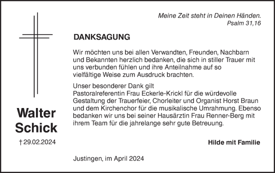 Traueranzeige von Walter Schick von Ehinger Tagblatt