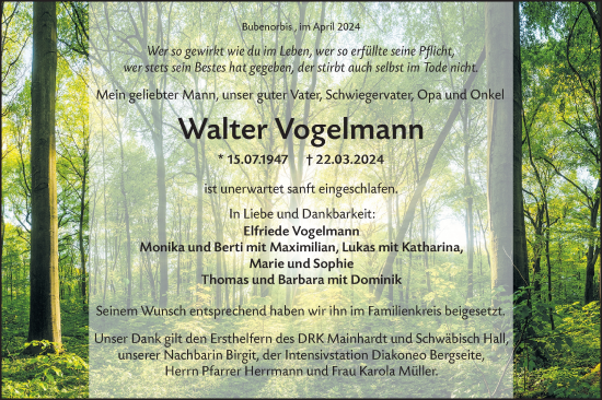 Traueranzeige von Walter Vogelmann von Haller Tagblatt/Hohenloher Tagblatt