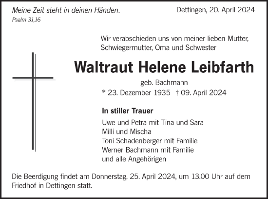 Traueranzeige von Waltraut Helene Leibfarth von Alb-Bote/Metzinger-Uracher Volksblatt