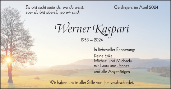 Traueranzeige von Werner Kaspari von Geislinger Zeitung
