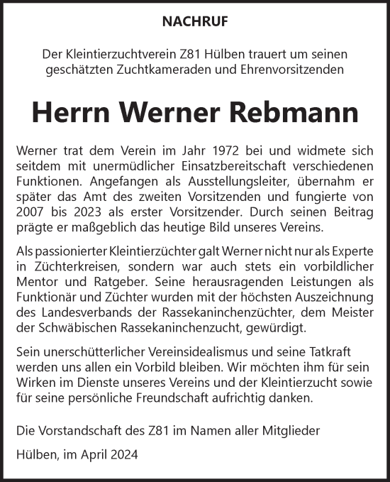 Traueranzeige von Werner Rebmann von Alb-Bote/Metzinger-Uracher Volksblatt