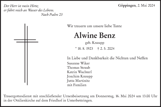 Traueranzeige von Alwine Benz von NWZ Neue Württembergische Zeitung