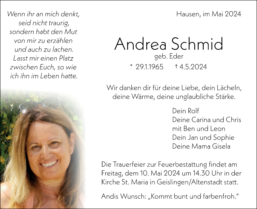  Traueranzeige für Andrea Schmid vom 08.05.2024 aus Geislinger Zeitung
