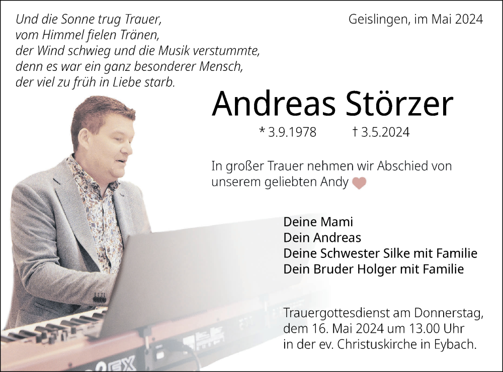  Traueranzeige für Andreas Störzer vom 08.05.2024 aus Geislinger Zeitung