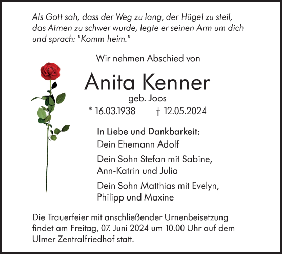 Traueranzeige von Anita Kenner von SÜDWEST PRESSE Ausgabe Ulm/Neu-Ulm