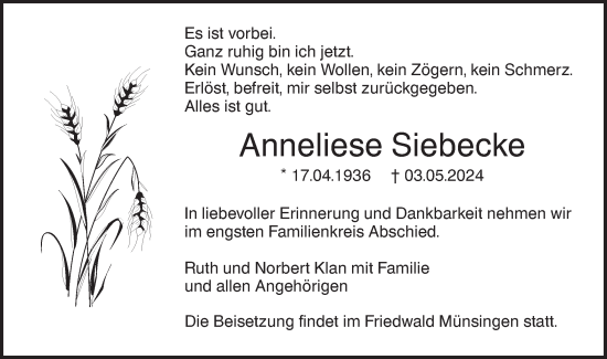 Traueranzeige von Anneliese Siebecke von SÜDWEST PRESSE Ausgabe Ulm/Neu-Ulm