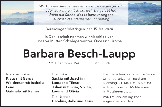 Traueranzeige von Barbara Besch-Laupp von Alb-Bote/Metzinger-Uracher Volksblatt