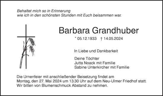 Traueranzeige von Barbara Grandhuber von SÜDWEST PRESSE Ausgabe Ulm/Neu-Ulm/Neu-Ulmer Zeitung