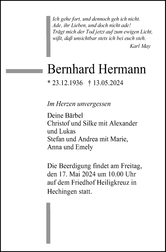 Traueranzeige von Bernhard Hermann von SÜDWEST PRESSE Zollernalbkreis/Hohenzollerische Zeitung