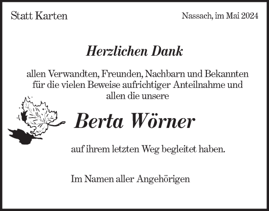 Traueranzeige von Berta Wörner von NWZ Neue Württembergische Zeitung