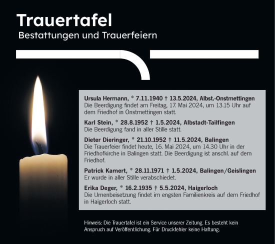 Traueranzeige von Bestattungen vom 16.05.2024 von SÜDWEST PRESSE Zollernalbkreis/Hohenzollerische Zeitung