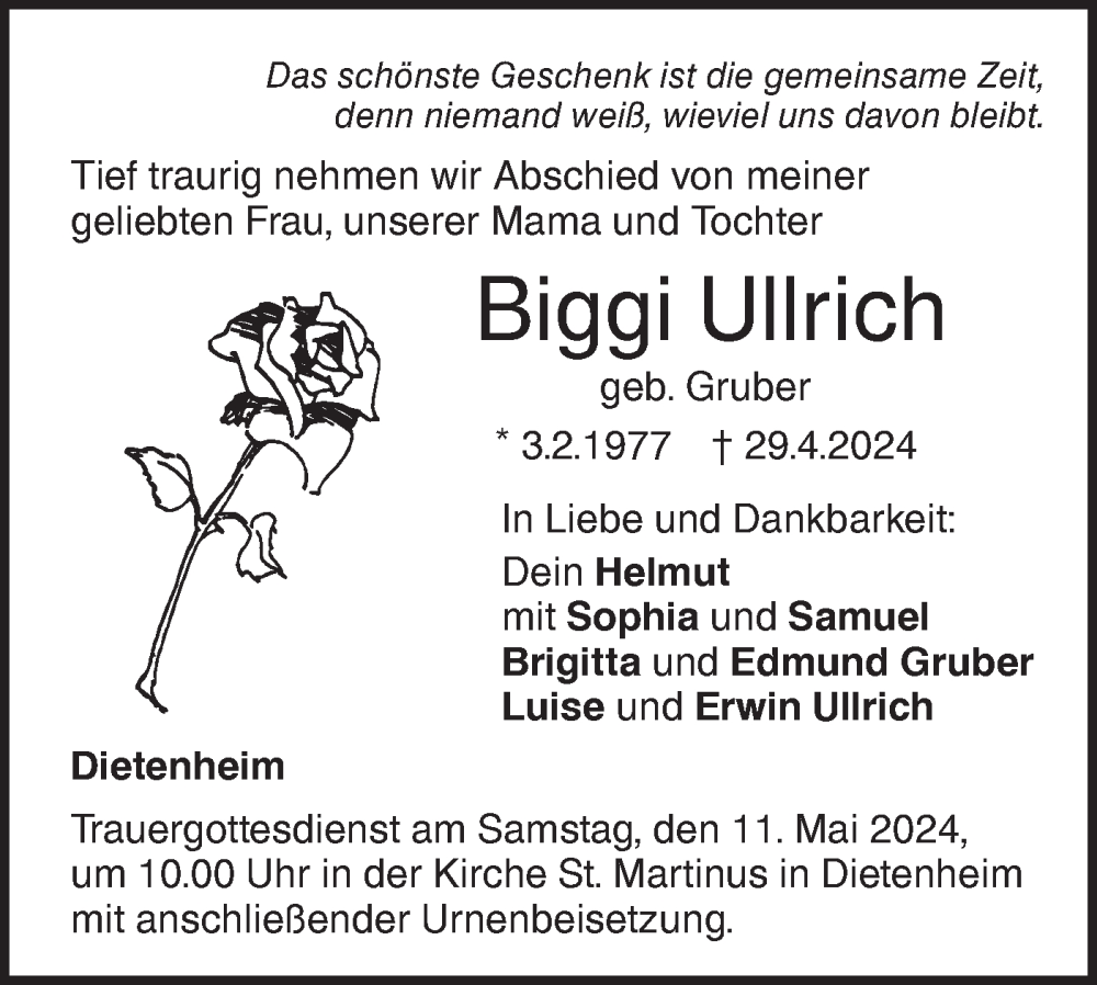  Traueranzeige für Biggi Ullrich vom 08.05.2024 aus SÜDWEST PRESSE Ausgabe Ulm/Neu-Ulm