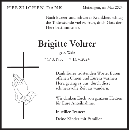 Traueranzeige von Brigitte Vohrer von Alb-Bote/Metzinger-Uracher Volksblatt
