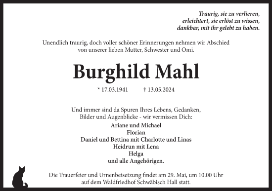 Traueranzeige von Burghild Mahl von Haller Tagblatt
