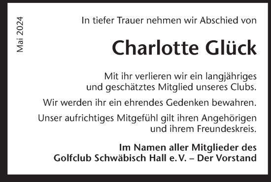 Traueranzeige von Charlotte Glück von Haller Tagblatt