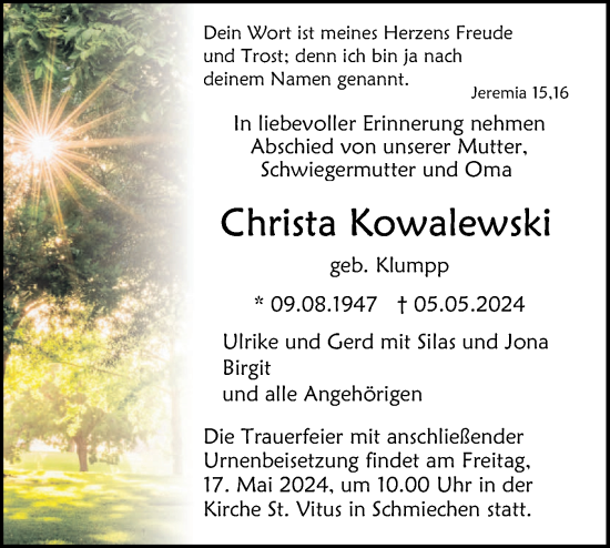 Traueranzeige von Christa Kowalewski von SÜDWEST PRESSE Ausgabe Ulm/Neu-Ulm