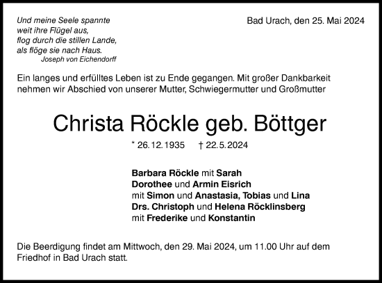 Traueranzeige von Christa Röckle von Alb-Bote/Metzinger-Uracher Volksblatt
