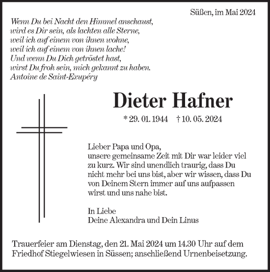 Traueranzeige von Dieter Hafner von NWZ Neue Württembergische Zeitung