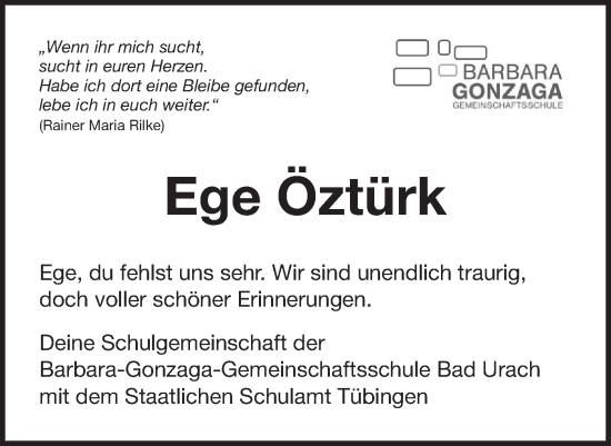Traueranzeige von Ege Öztürk von Alb-Bote/Metzinger-Uracher Volksblatt