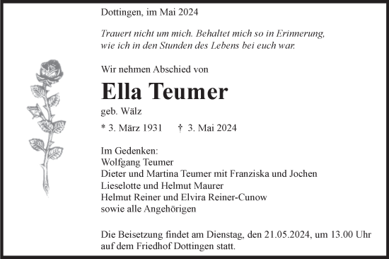Traueranzeige von Ella Teumer von Alb-Bote/Metzinger-Uracher Volksblatt