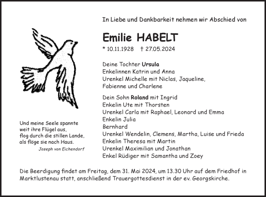Traueranzeige von Emilie Habelt von Hohenloher Tagblatt