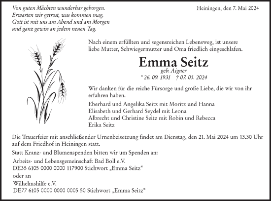 Traueranzeige von Emma Seitz von NWZ Neue Württembergische Zeitung