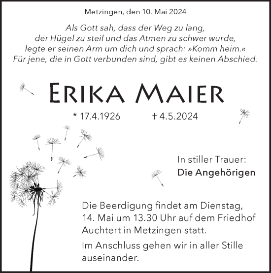 Traueranzeige von Erika Maier von Alb-Bote/Metzinger-Uracher Volksblatt