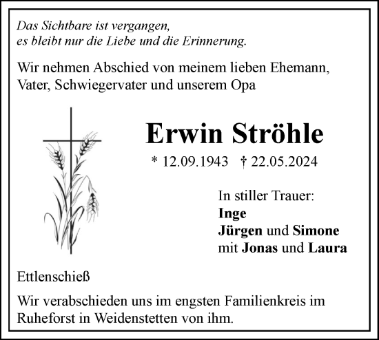 Traueranzeige von Erwin Ströhle von SÜDWEST PRESSE Ausgabe Ulm/Neu-Ulm
