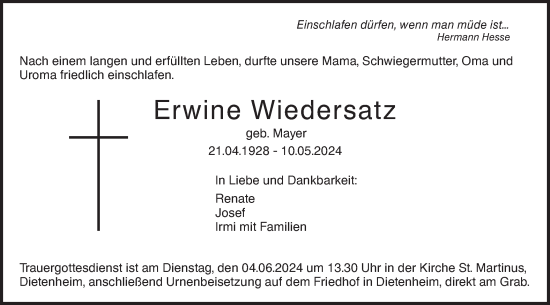 Traueranzeige von Erwine Wiedersatz von SÜDWEST PRESSE Ausgabe Ulm/Neu-Ulm
