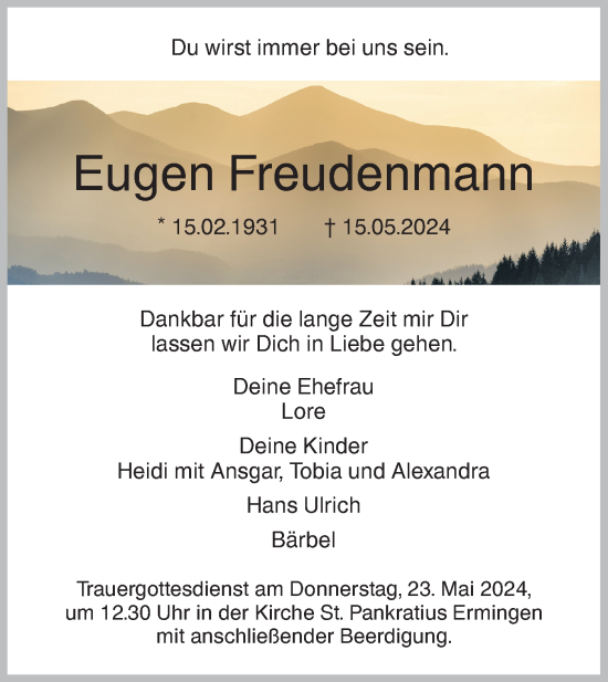 Traueranzeige von Eugen Freudenmann von SÜDWEST PRESSE Ausgabe Ulm/Neu-Ulm