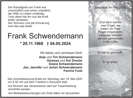 Traueranzeige von Frank Schwendemann von NWZ Neue Württembergische Zeitung