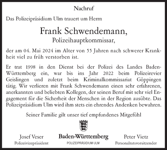 Traueranzeige von Frank Schwendemann von NWZ Neue Württembergische Zeitung