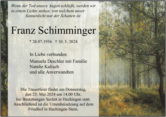 Traueranzeige von Franz Schimminger von SÜDWEST PRESSE Zollernalbkreis/Hohenzollerische Zeitung