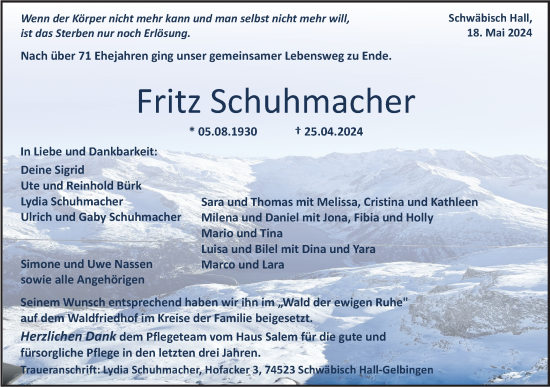 Traueranzeige von Fritz Schuhmacher von Haller Tagblatt