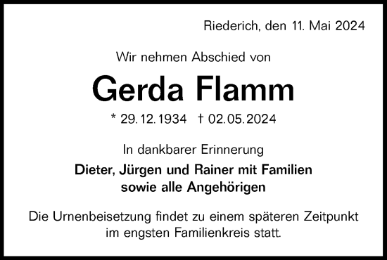 Traueranzeige von Gerda Flamm von Alb-Bote/Metzinger-Uracher Volksblatt