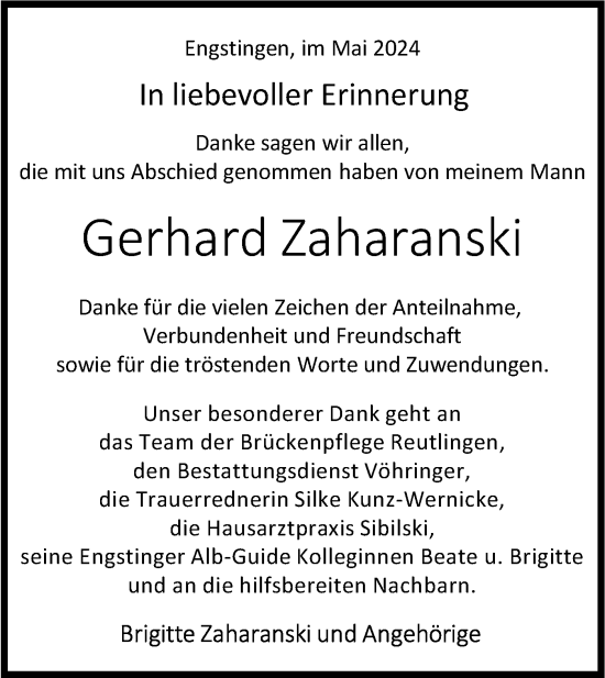 Traueranzeige von Gerhard Zaharanski von Alb-Bote/Metzinger-Uracher Volksblatt