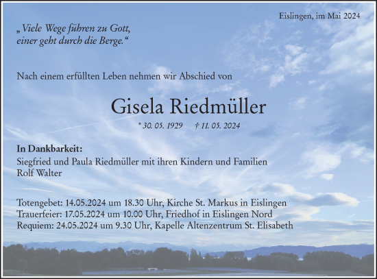 Traueranzeige von Gisela Riedmüller von NWZ Neue Württembergische Zeitung