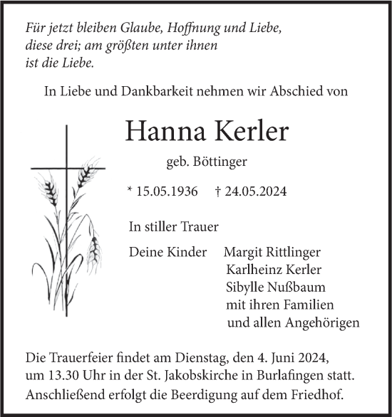 Traueranzeige von Hanna Kerler von SÜDWEST PRESSE Ausgabe Ulm/Neu-Ulm/Neu-Ulmer Zeitung