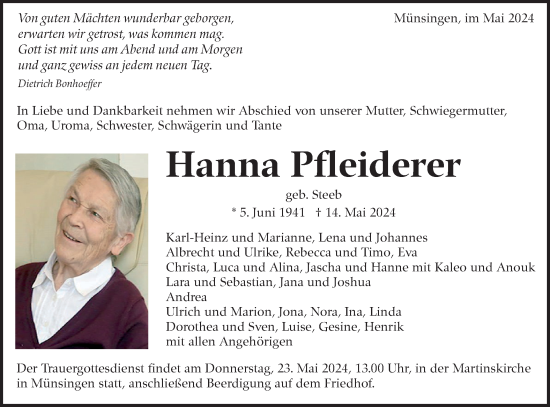 Traueranzeige von Hanna Pfleiderer von Alb-Bote/Metzinger-Uracher Volksblatt