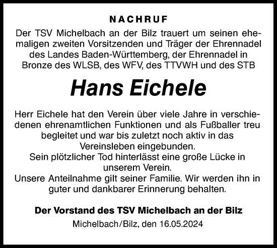 Traueranzeige von Hans Eichele von Haller Tagblatt