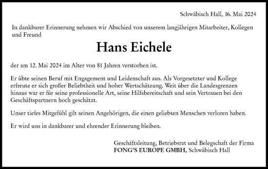Traueranzeige von Hans Eichele von Haller Tagblatt