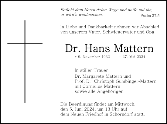 Traueranzeige von Hans Mattem von Hohenloher Tagblatt
