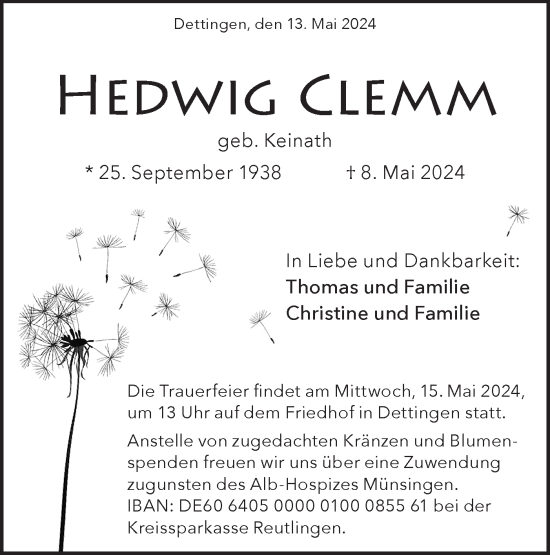 Traueranzeige von Hedwig Clemm von Alb-Bote/Metzinger-Uracher Volksblatt
