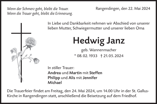 Traueranzeige von Hedwig Janz von SÜDWEST PRESSE Zollernalbkreis/Hohenzollerische Zeitung