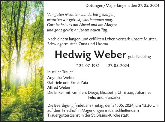 Traueranzeige von Hedwig Weber von Alb-Bote/Metzinger-Uracher Volksblatt