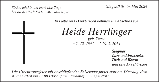 Traueranzeige von Heide Herrlinger von NWZ Neue Württembergische Zeitung/Geislinger Zeitung