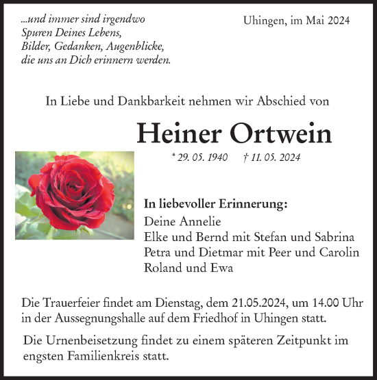 Traueranzeige von Heiner Ortwein von NWZ Neue Württembergische Zeitung