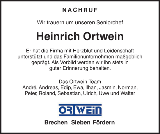 Traueranzeige von Heinrich Ortwein von NWZ Neue Württembergische Zeitung